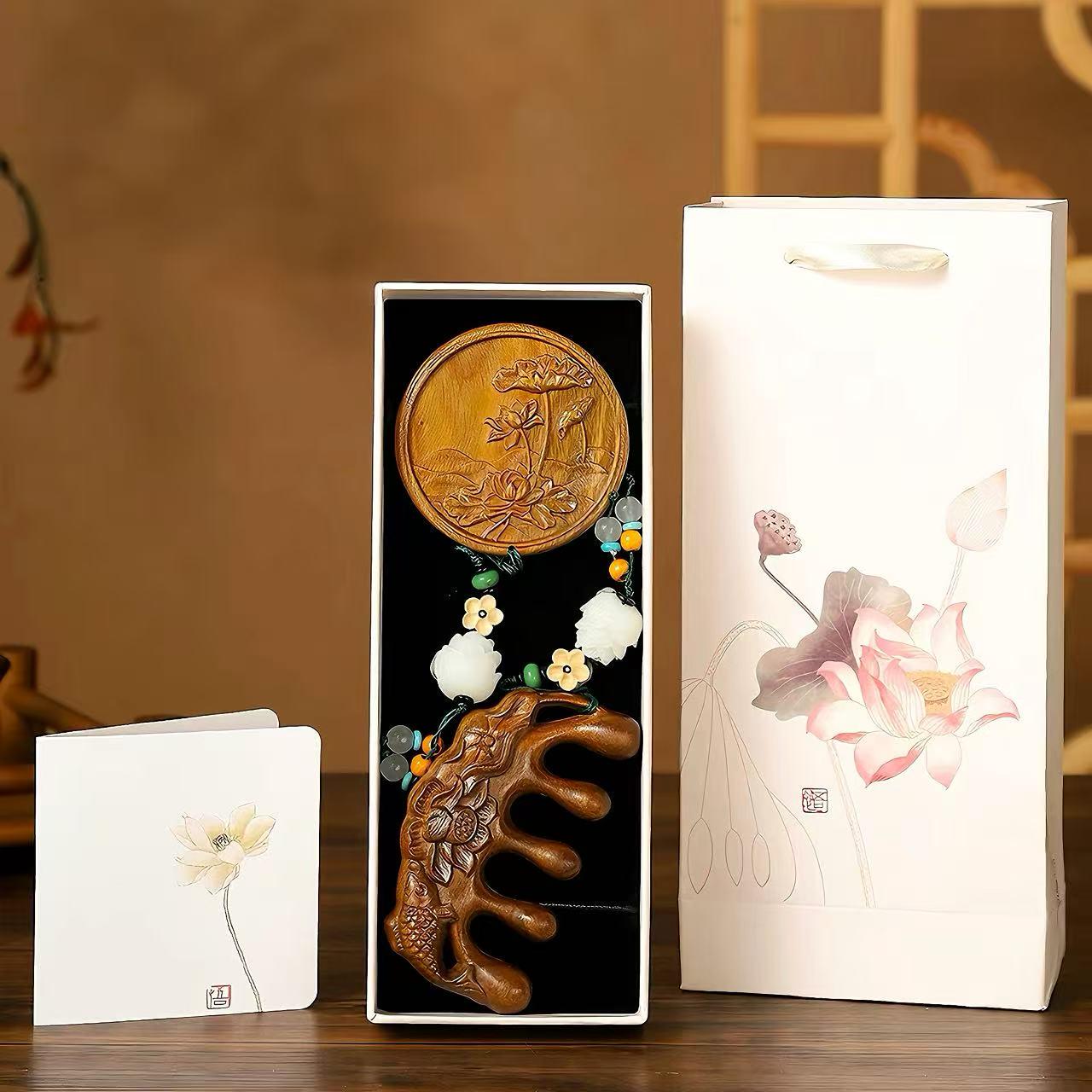Carved Sandalwood Scalp Massage Comb & Mirror Set