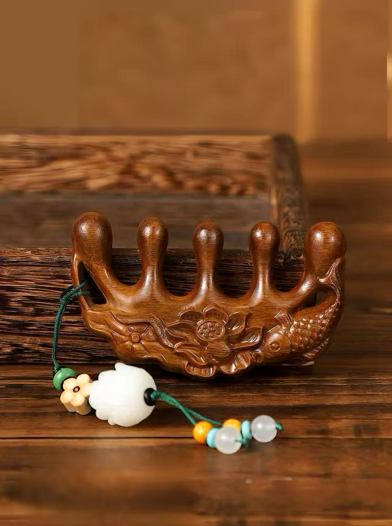 Carved Sandalwood Scalp Massage Comb & Mirror Set