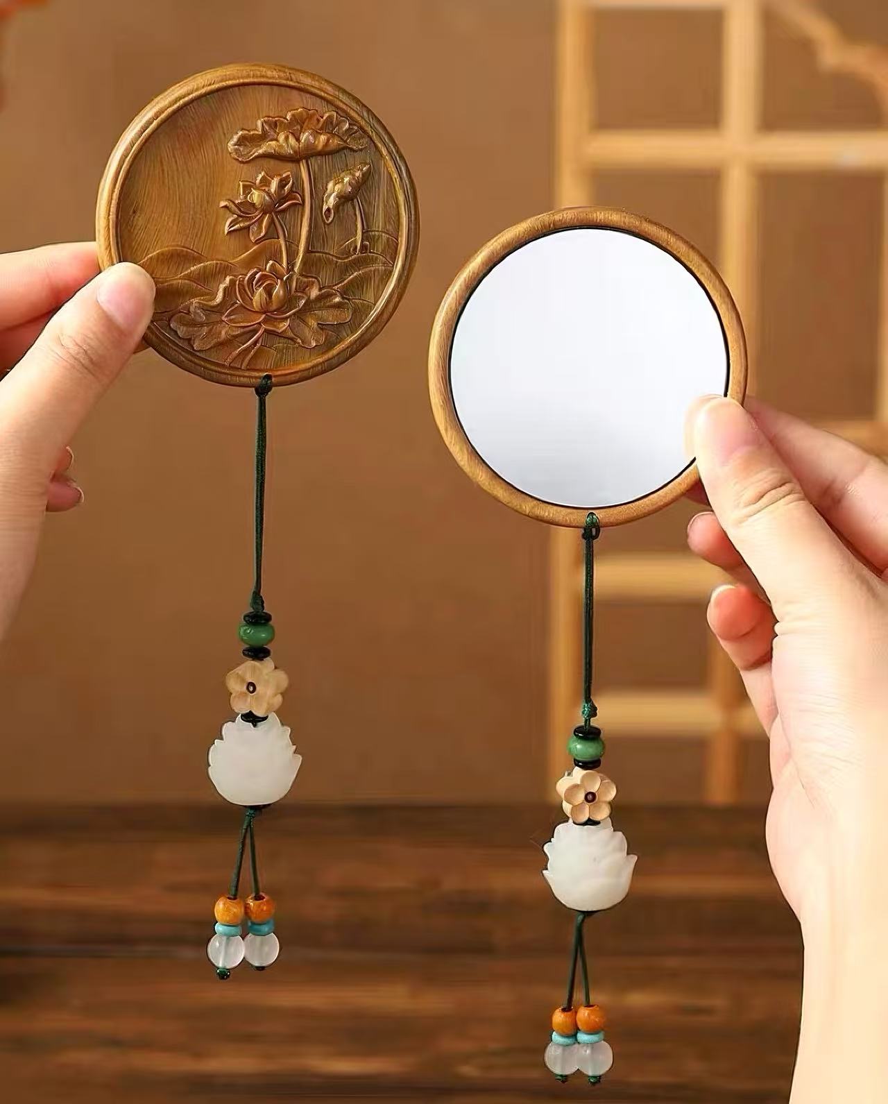 Carved Sandalwood Scalp Massage Comb & Mirror Set