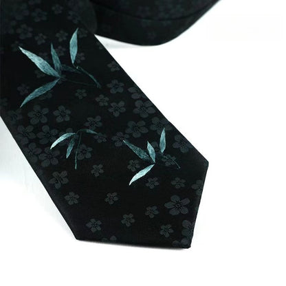 Hand-embroidered high-end custom tie with bamboo shadows and gentle breeze