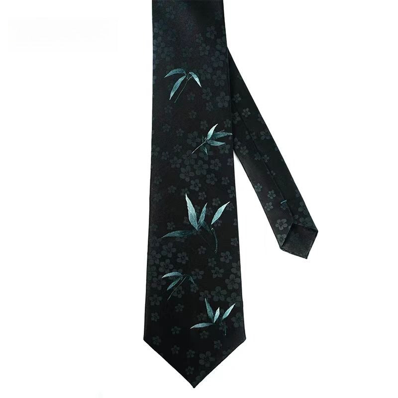 Hand-embroidered high-end custom tie with bamboo shadows and gentle breeze