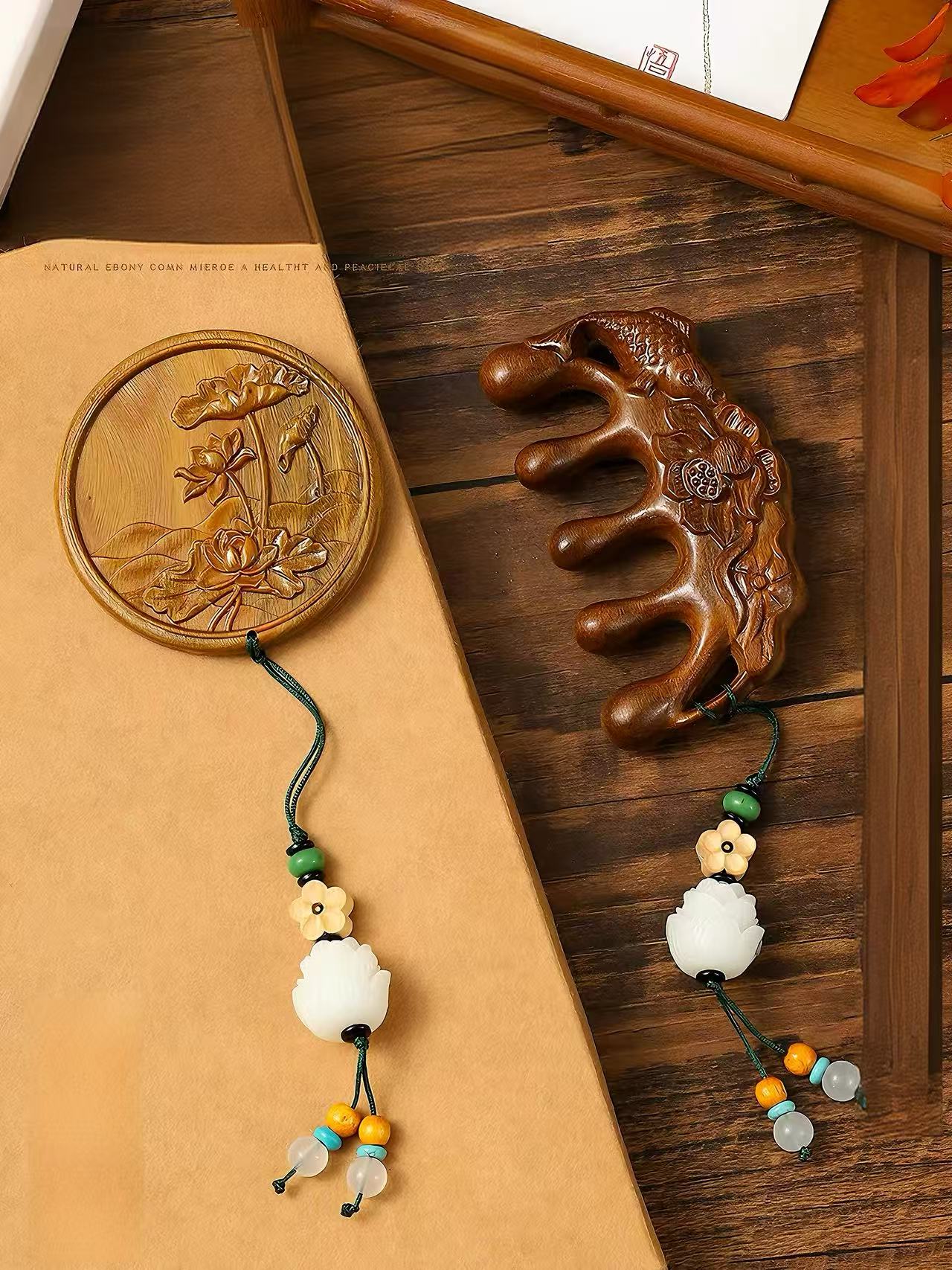 Carved Sandalwood Scalp Massage Comb & Mirror Set